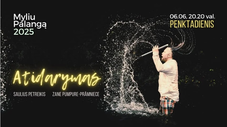 Myliu Palangą 2025 festivalio atidarymo plakatas su atlikėju Sauliumi Petreikiu ir pasirodymo data.